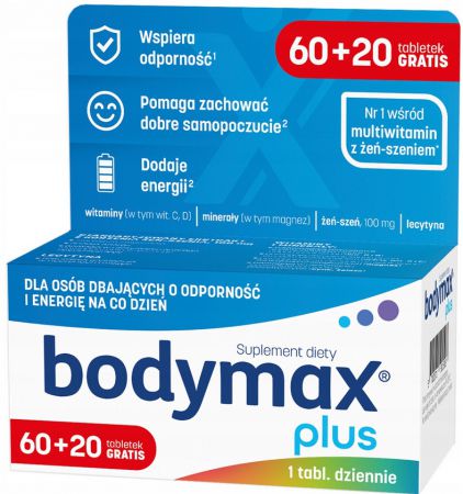 Bodymax Plus, zestaw witamin i minerałów z żeń-szeniem, 60+20 tabletek