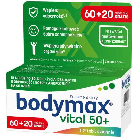 Bodymax Vital, zestaw witamin i minerałów z żeń-szeniem, 50+ 80 tabletek