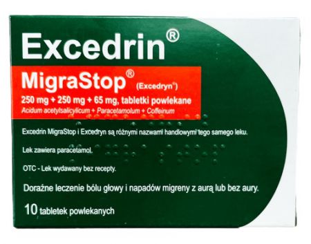 Excedrin MigraStop 250 mg + 250 mg + 65 mg, 10 tabletek powlekanych (Import-Delfarma)