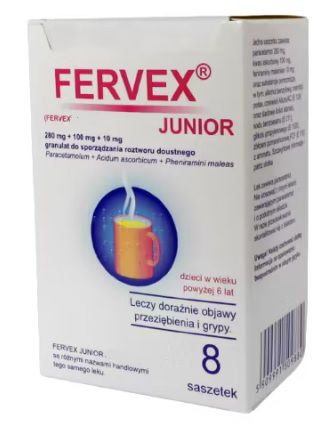 Fervex Junior, 280 mg + 100 mg + 10 mg, granulat , 8 saszetek (Import-Delfarma)