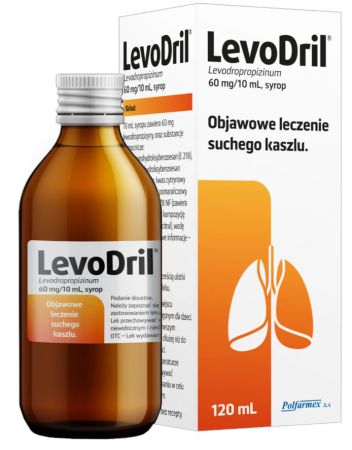 Levodril, syrop 60 mg/10ml, objawowe leczenie suchego kaszlu, 120 ml