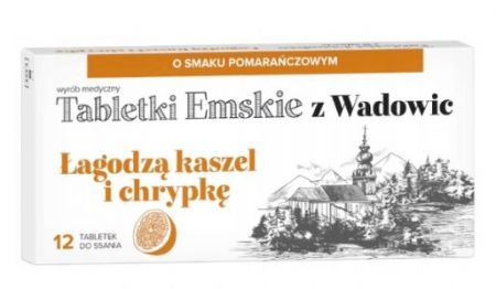 Tabletki Emskie z Wadowic, 12 tabletek do ssania o smaku pomarańczowym