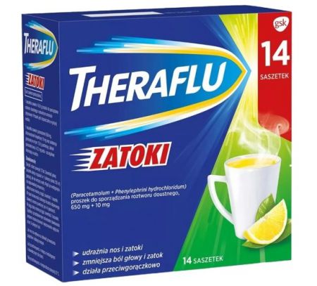 Theraflu Zatoki, 650 mg + 10 mg, proszek do sporządzania roztworu doustnego, 14 saszetek