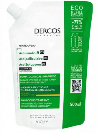 VICHY DERCOS DS Szampon przeciwłupieżowy, Uzupełnienie, Włosy Suche, 500ml