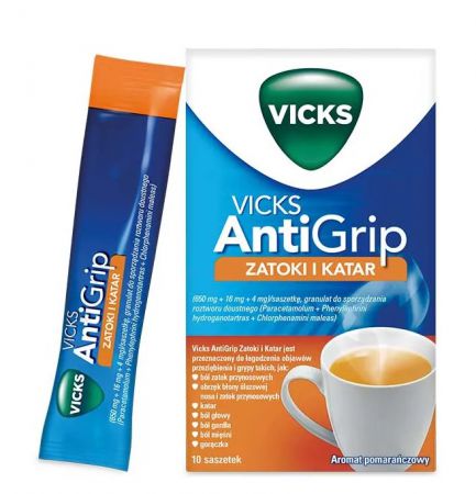 Vicks AntiGrip, Zatoki i Katar, aromat pomarańczowy, 10 saszetek