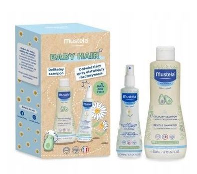 Zestaw Mustela Baby Hair, delikatny szampon, 500 ml + odświeżający spray ułatwiający rozczesywanie,